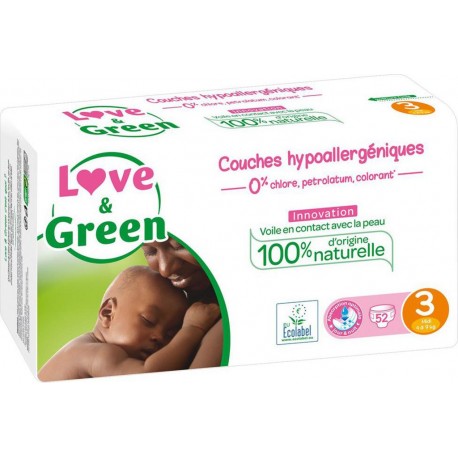 Love & Green Couches Hypoallergéniques Innovation Taille 3 (4 à 9Kg) x52 (lot de 2 soit 104 couches)