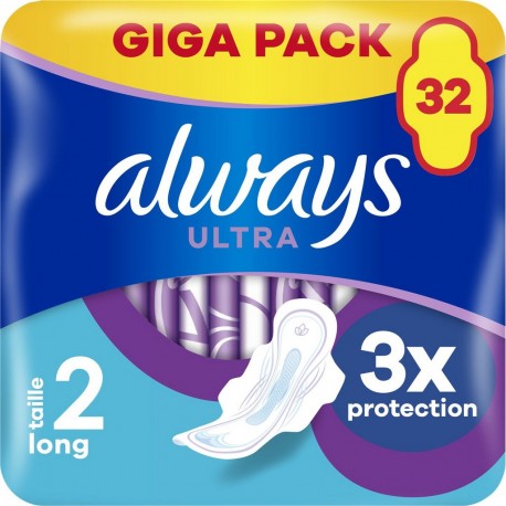 ALWAYS Serviettes Hygiéniques avec Ailettes Long Taille 2 Ultra pack de 32 serviettes hygiéniques