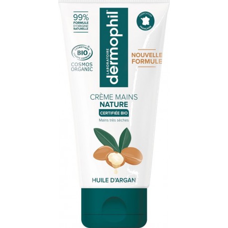 DERMOPHIL Crème main Très Sèches Nature Certifiée Bio 99% d'Ingrédients d'Origine Naturelle Huile d'Argan 75ml