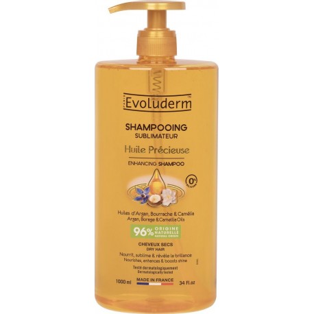 EVOLUDERM Shampoing Sublimateur Cheveux secs Huiles d'Argan Bourrache et Camélia Végan 1L