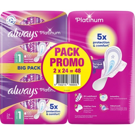 ALWAYS Serviettes Hygiéniques avec Ailettes Platinum Taille 1 lot de 2 paquets de 24 serviettes