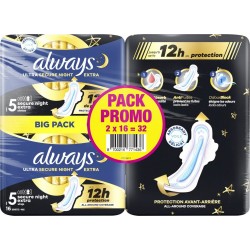ALWAYS Serviettes Hygiéniques avec Ailettes Ultra Secure Nuit Extra Taille 5 lot de 2 paquets de 16 serviettes