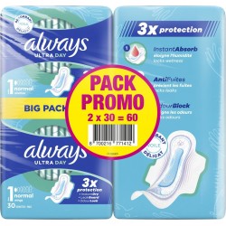 ALWAYS Serviettes Hygiéniques avec Ailettes Ultra Day Taille 1 lot de 2 paquets de 30 serviettes