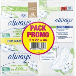 ALWAYS Serviettes Hygiéniques avec Ailettes Cotton Protection T1 lot de 2 paquets de 22 serviettes