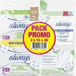 ALWAYS Serviettes Hygiéniques avec Ailettes Cotton Protection Taille 2 lot de 2 paquets de 18 serviettes