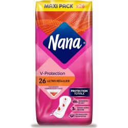 NANA Serviettes Hygiéniques sans Ailettes Régulier V Protection 26 serviettes hygiéniques