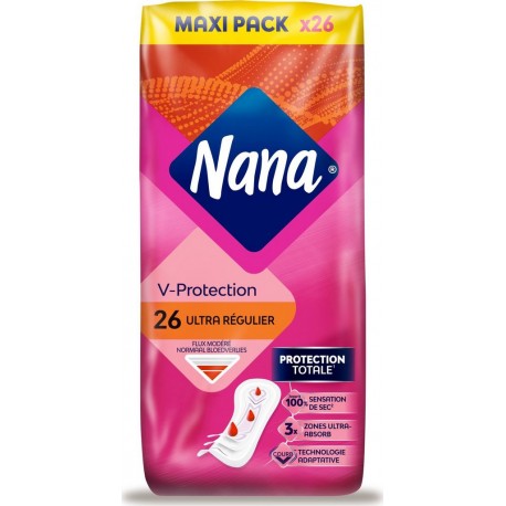 NANA Serviettes Hygiéniques sans Ailettes Régulier V Protection 26 serviettes hygiéniques