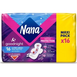 NANA Serviettes Hygiéniques avec Ailettes Ultra Large Plus Goodnight Maxi pack de 16 serviettes hygiéniques
