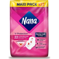 NANA Serviettes Hygiéniques avec Ailettes Ultra Régulier Plus V-Protection pack de 22 serviettes hygiéniques