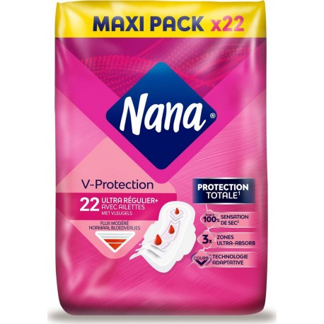 NANA Serviettes Hygiéniques avec Ailettes Ultra Régulier Plus V-Protection pack de 22 serviettes hygiéniques