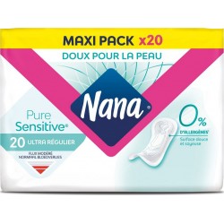 NANA Serviettes Hygiéniques sans Ailettes Ultra Régulier Pure Sensitive pack de 20 serviettes hygiéniques