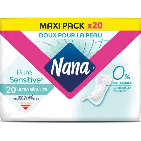 NANA Serviettes Hygiéniques sans Ailettes Ultra Régulier Pure Sensitive pack de 20 serviettes hygiéniques