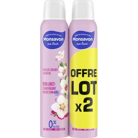 MONSAVON Déodorant spray Anti-transpirant 48h 0% Alcool Fleur de cerisier lot de 2 flacons de 200ml