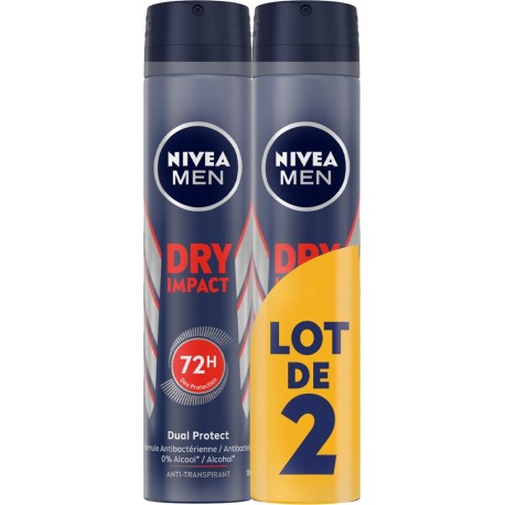 NIVEA MEN Déodorant spray homme Anti-transpirant 72H Dry Impact lot de 2 flacons de 200ml