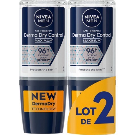 NIVEA Déodorant Bille Homme Protection transpiration excessive Derma Control 96H lot de 2 roll-on de 50ml