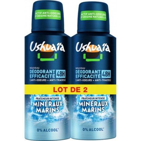 USHUAIA HOMME Déodorant spray homme Anti-odeurs Anti-traces Fraîcheur intense Minéraux marins lot de 2 sprays