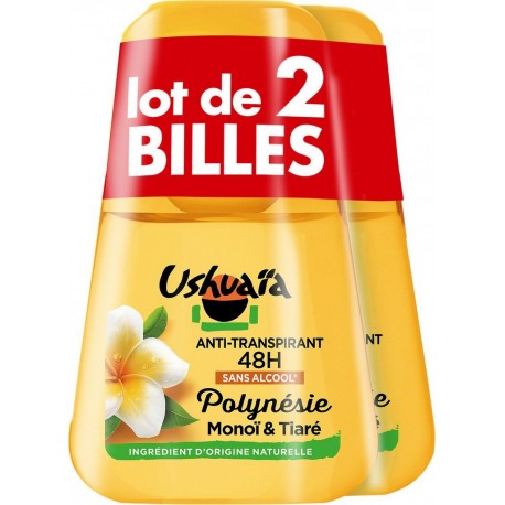 USHUAIA Déodorant bille Anti-transpirant 48H Sans Alcool Monoï Tiaré lot de 2 roll-on