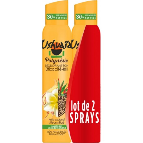 USHUAIA Déodorant spray Efficacité 48H Monoï lot de 2 flacon de 200ml