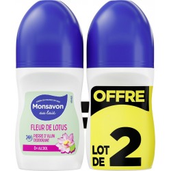 MONSAVON Déodorant bille 0% Alcool Fleur de Lotus Pierre d'Alun lot de 2 roll-on