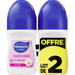 MONSAVON Déodorant bille Anti-transpirant 48h 0% Alcool Fleur de Cerisier lot de 2 roll-on