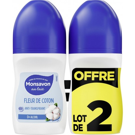 MONSAVON Déodorant bille Anti-transpirant 48H 0% Alcool Fleur de coton lot de 2 roll-on
