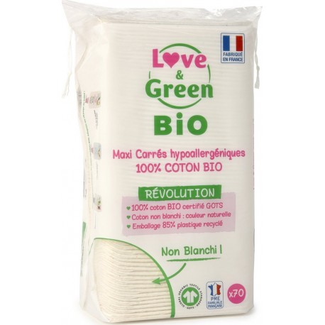 LOVE AND GREEN Cotons Carrés Bébé Bio Hypoallergéniques Visage Et Corps 70 carés de coton