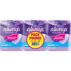 ALWAYS Serviettes hygiéniques fuites urinaires Long Protection Intégrale Discreet lot de 3 pack de 10 serviettes