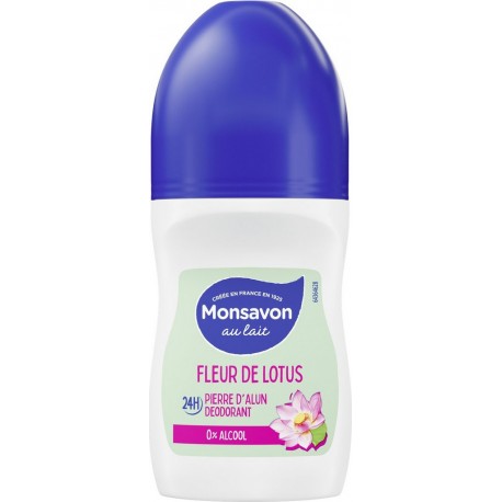 MONSAVON Déodorant bille 0% Alcool 24h Pierre d'alun Fleur de Lotus le roll-on de 50ml