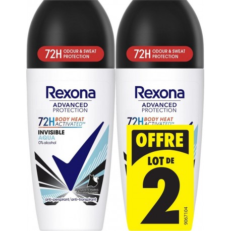 REXONA Déodorant bille Anti-traces blanches et jaunes 72h Invisible Aqua Advanced Protection lot de 2 sticks