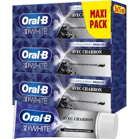 ORAL B Dentifrice 3D White Charbon Fraîcheur Menthe Poivrée lot de 3 tubes de 75ml