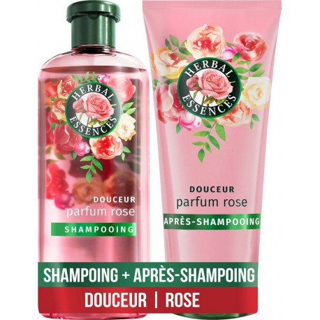 HERBAL ESSENCES Shampoing Douceur Parfum de rose Vegan lot de 2 flacons de 250ml et 200ml