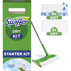 SWIFFER Kit de nettoyage pour sols Kit Complet Balai Lingettes Sèches et Humides le kit démarrage attrape-poussière