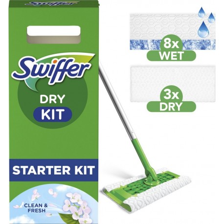 SWIFFER Kit de nettoyage pour sols Kit Complet Balai Lingettes Sèches et Humides le kit démarrage attrape-poussière