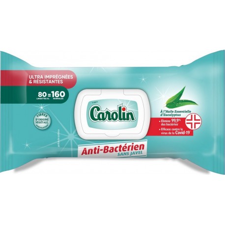 CAROLIN Lingettes Resistantes Anti-Bactérien sans Javel 80 lingettes
