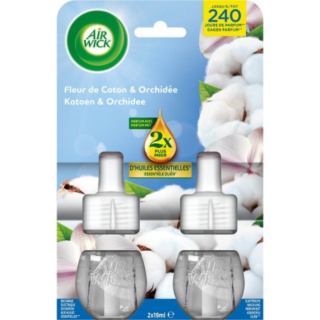 AIR WICK Désodorisant Recharge Électrique Fleur de Coton et Orchidée lot de 2 recharges de 19ml