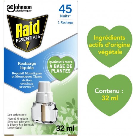 RAID Anti-Moustiques Recharge Répulsif Moustiques Sans Parfum Ajouté Base de Plantes la recharge