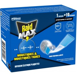 RAID Anti-Moustiques Diffuseur Électrique Plaquettes Moustiques et Moustiques Tigres Sans Parfum Ajouté 1 diffuseur + 10 recharg