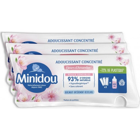 MINIDOU Adoucissant Concentré Fleurs D'amandier Hypoallergénique lot de 3 berlingot de 200ml