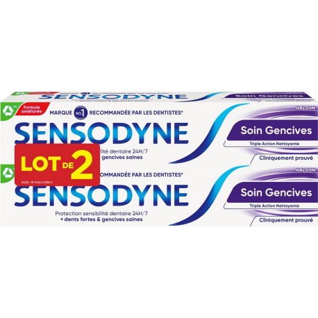 SENSODYNE Dentifrice Soin Gencives Triple Action Nettoyant lot de 2 tubes de 75ml