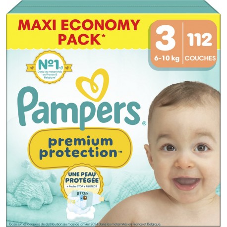 PAMPERS Couches Bébé Prenium Protection 6-10Kg Taille 3 112 couches