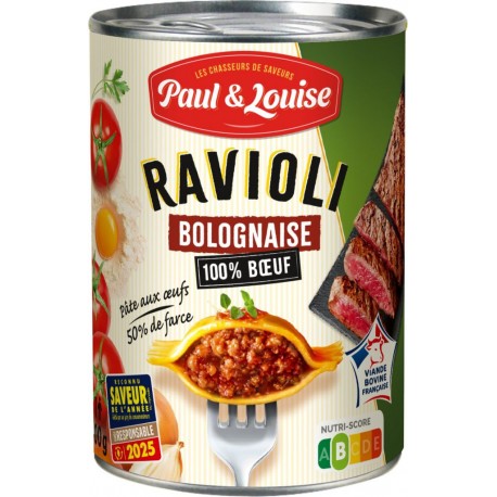 PAUL & LOUISE Plat Cuisiné Ravioli Bolognaise 100% Boeuf
