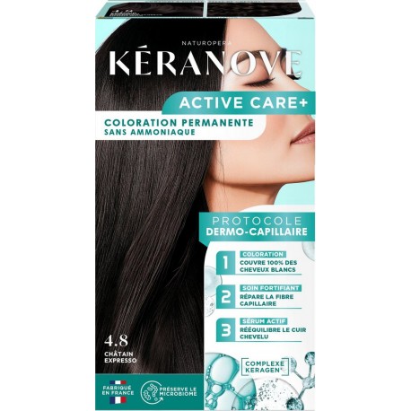 KERANOVE Coloration Permanente 4.8 Châtain Expresso Sans Ammoniaque Couvre 100% Cheveux Blancs Protocole Dermo-Capillaire Préser