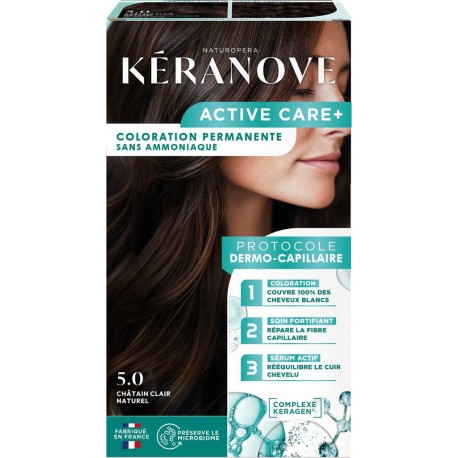 KERANOVE Coloration Permanente 5.0 Châtain Clair Naturel Sans Ammoniaque Couvre 100% Cheveux Blancs Active Care+