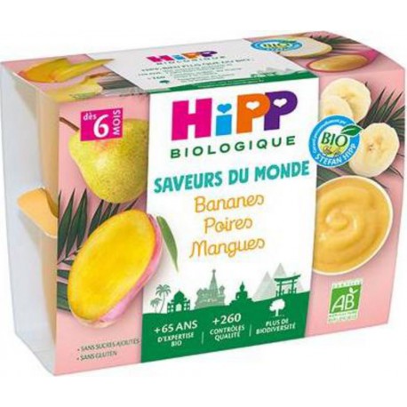 HIPP BIOLOGIQUE SAVEURS DU MONDE FRUIT BANANE & MANGUE & POIRE 4x100g 400g