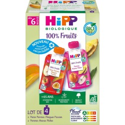 HIPP BIOLOGIQUE Compote pour bébé dès 6 mois au fruits 2 variétés les 4 gourdes de 90g