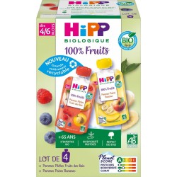 HIPP BIOLOGIQUE Compote pour bébé dès 4/6 mois aux fruits 2 variétés les 4 gourdes de 90g