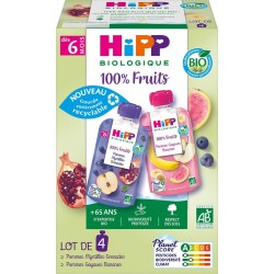 HIPP BIOLOGIQUE Compote pour bébé dès 6 mois au fruits 2 variétés les 4 gourdes de 90g