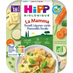 HIPP BIOLOGIQUE Plat cuisiné bébé ravioli légumes variés mozzarella basilic bio 250g