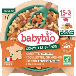 BABYBIO Plat cuisiné pour bébé de 15 mois à 3 ans carotte des Landres coquillettes champignon jambon de Nouvelle-Aqui Bio l'assi