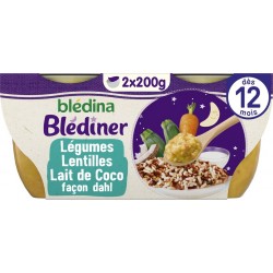 BLEDINA Plat bébé Purée de légumes et lentilles au lait de coco façon Dahl dès 12 mois les 2 bols de 200g